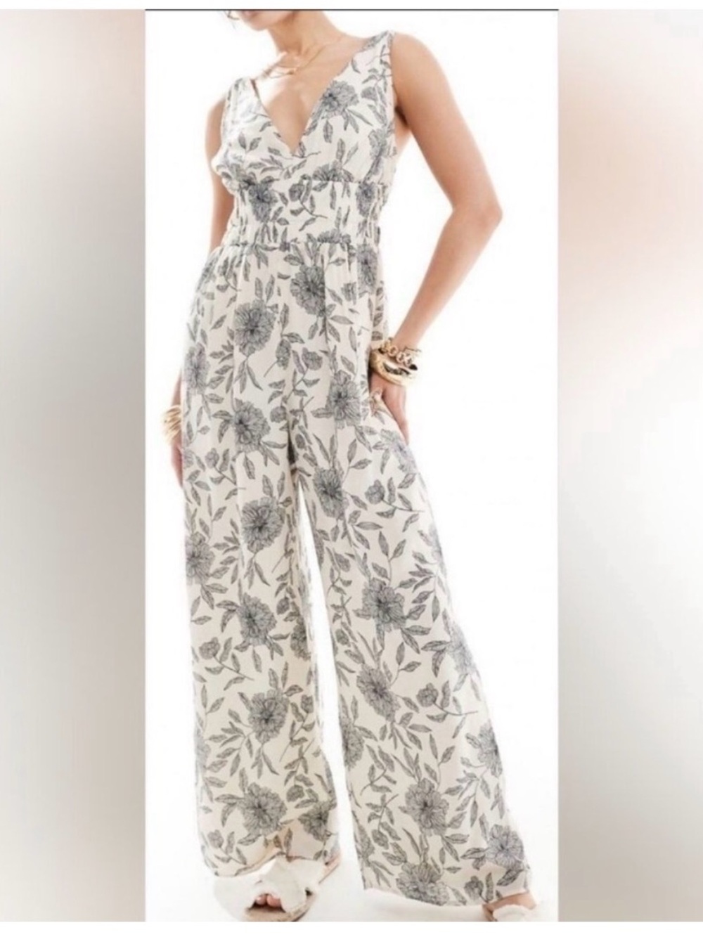 Abercrombie & Fitch Cream Floral V-Neck Wide-Leg Jumpsuit